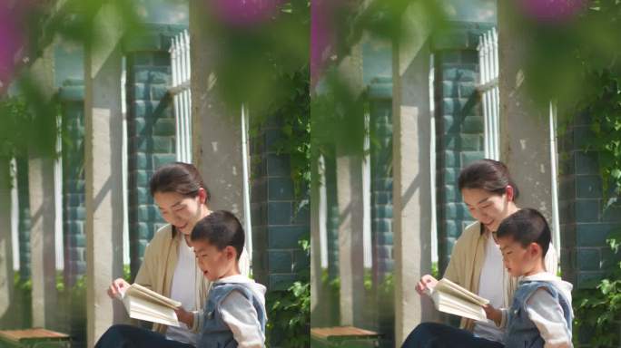 夏日母子户外看书玩耍