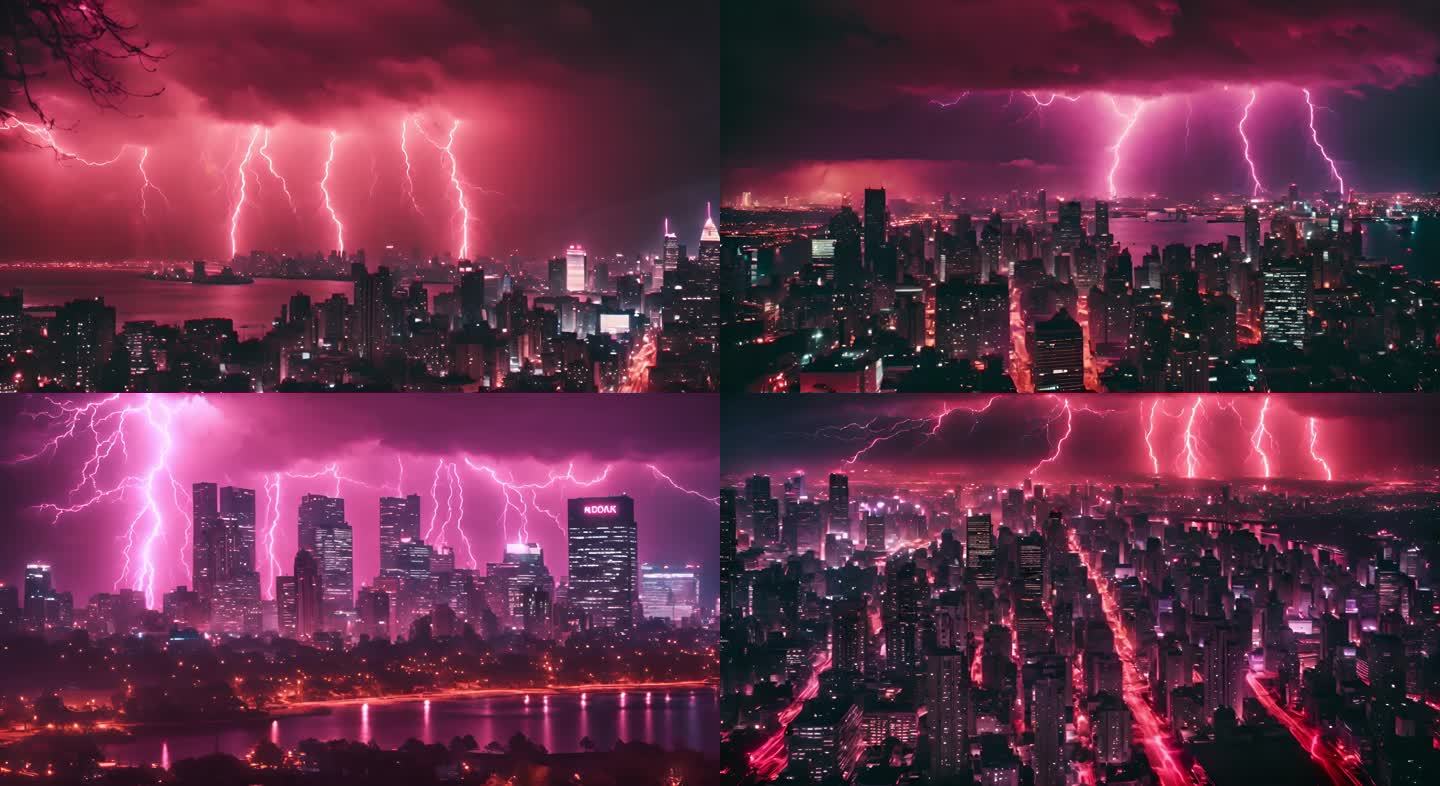 红色闪电夜晚高楼大厦视频