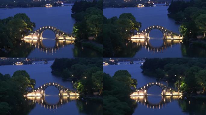 湘湖石拱桥夜景航拍