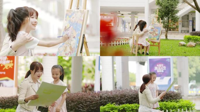 唯美儿童户外绘画和妈妈分享成功的喜悦亲子