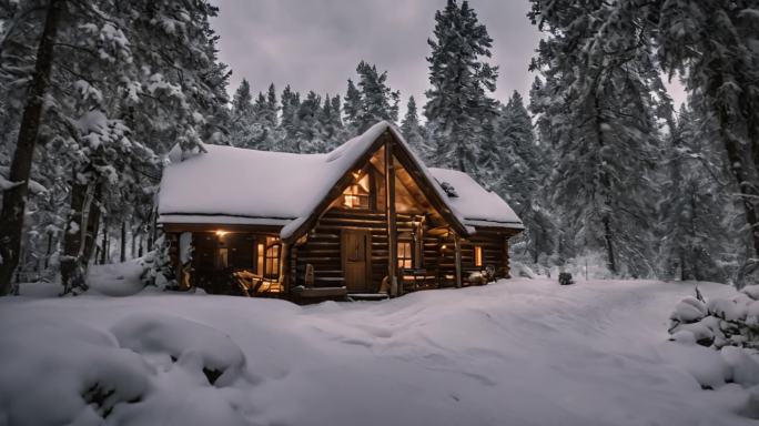 户外木房子闪电雨雪天气