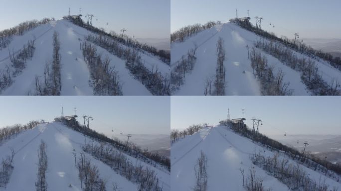 航拍吉林省长春市庙香山滑雪场吊椅缆车雪道