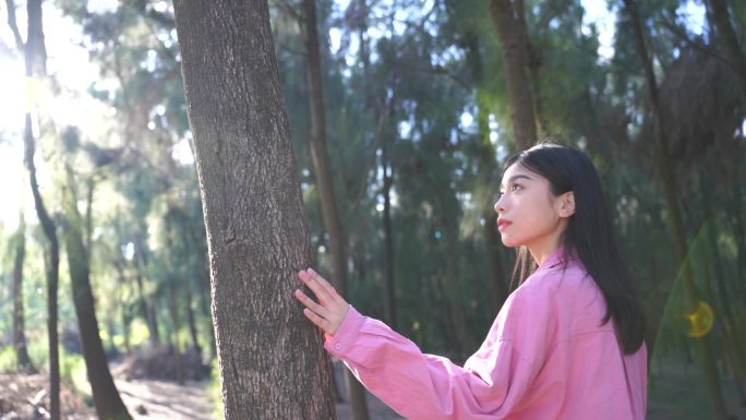 阳光下美女手抚摸树亲近自然感受自然抬头看
