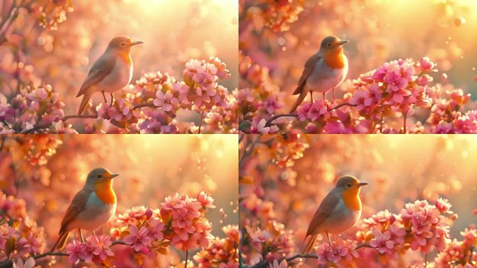 小鸟盛开粉色花朵欢快歌唱声音清脆悦耳