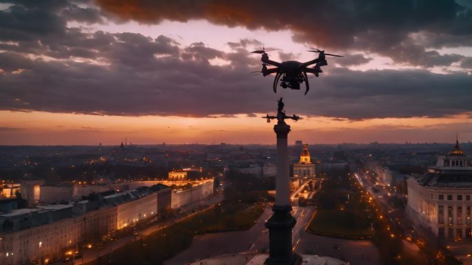 日落时雕像无人机拍摄乌克兰基辅