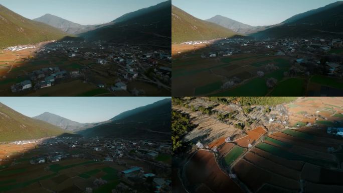 云南香格里拉尼西藏族村庄暮色汤堆村庄田野