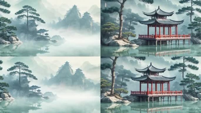 8K超宽屏中国风水墨江湖意境山水舞台背景