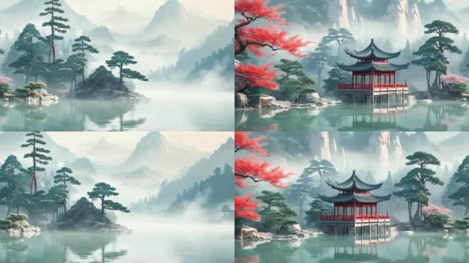 8K超宽屏中国风水墨江湖意境山水舞台背景