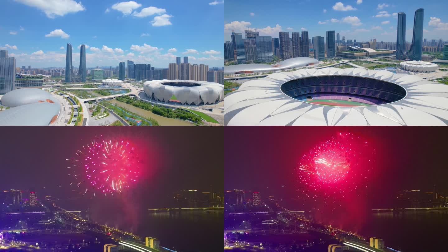 浙江杭州亚运会奥体中心航拍延时城市宣传片