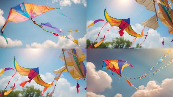 夏日天空上的风筝舞动：自由飞翔的色彩