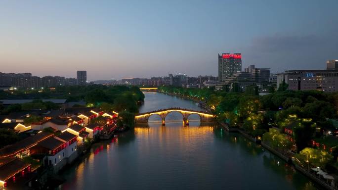 杭州拱墅区大运河拱宸桥夜景航拍