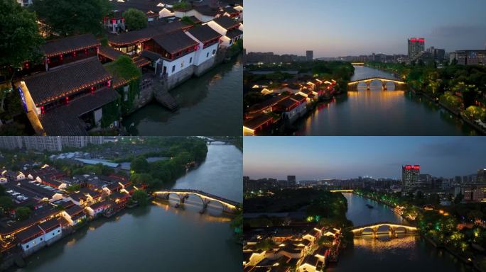 杭州拱墅区大运河拱宸桥夜景航拍