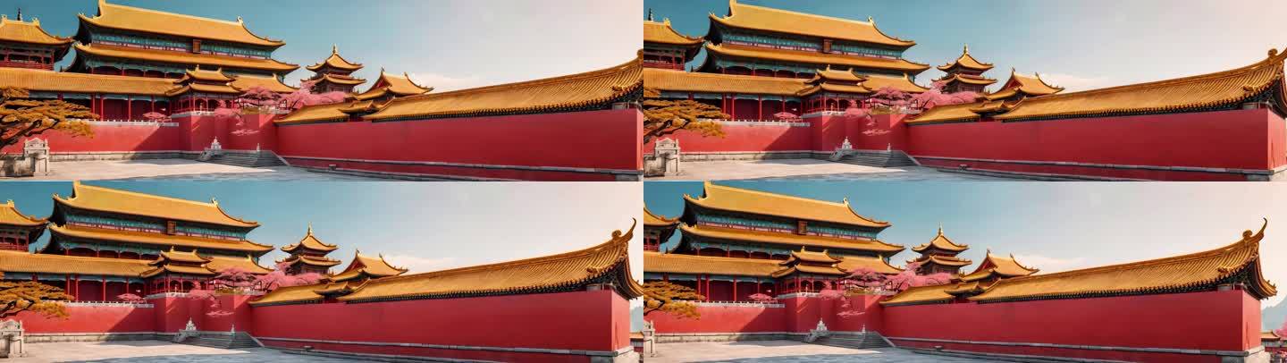 8K超宽屏中国风建筑红墙宫殿意境舞台背景