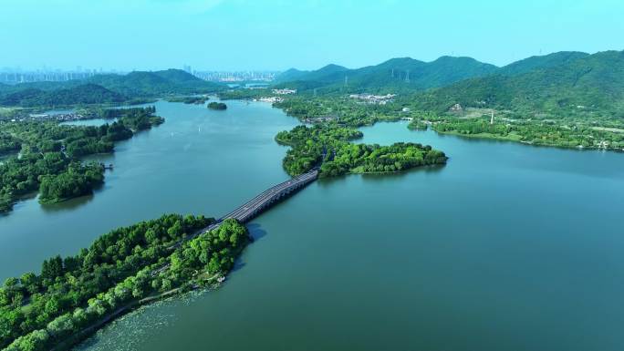 浙江杭州萧山湘湖白天湖泊航拍素材2