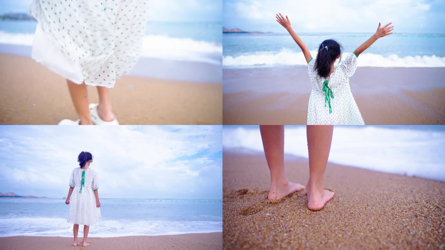 小女孩在海边沙滩奔跑