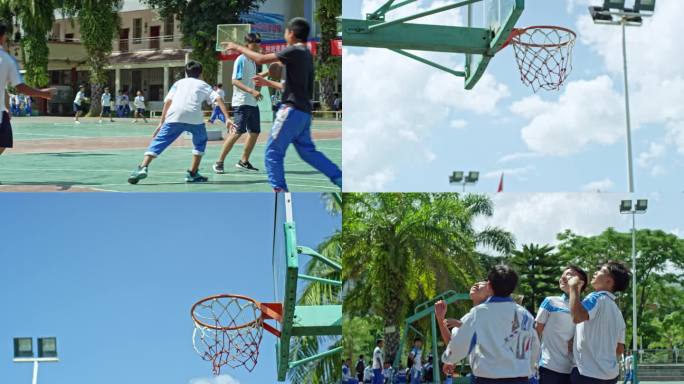 校园课间学生打篮球投篮