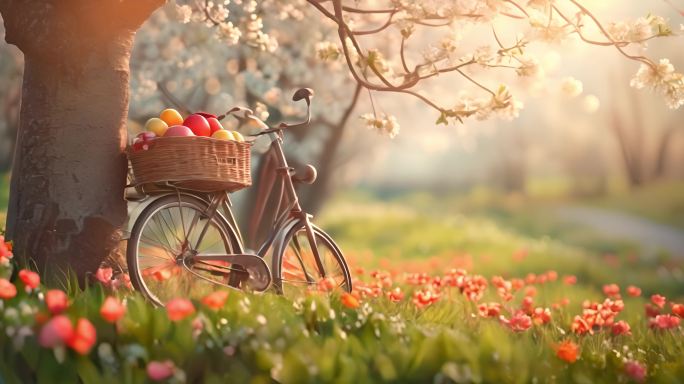 春天气息自行车水果篮子花朵盛开地面花瓣
