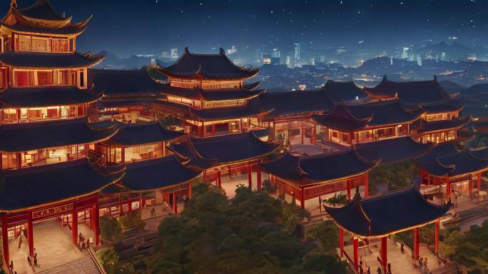 8K超宽屏中国风建筑万家灯火意境舞台背景