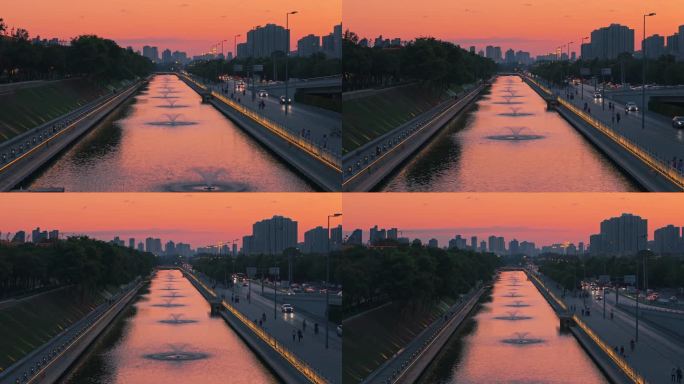 航拍西安城墙护城河唯美夕阳日落