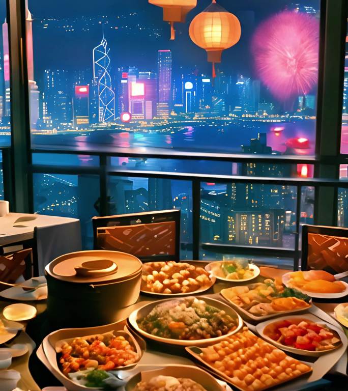 香港夜景烟花春节年夜饭灯笼宴席场景