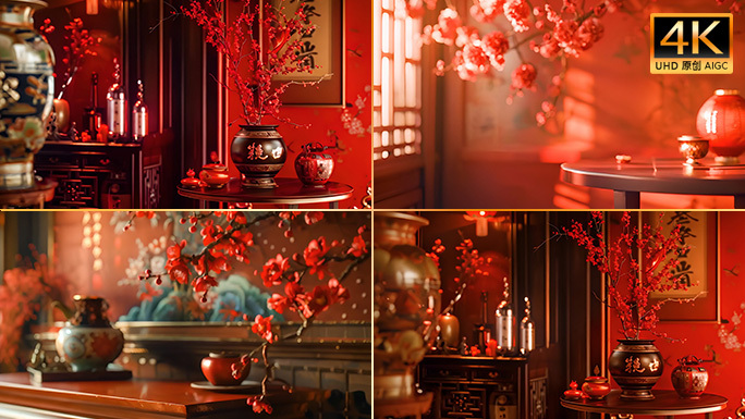 传统中式古风氛围 中国古代朱红色室内场景