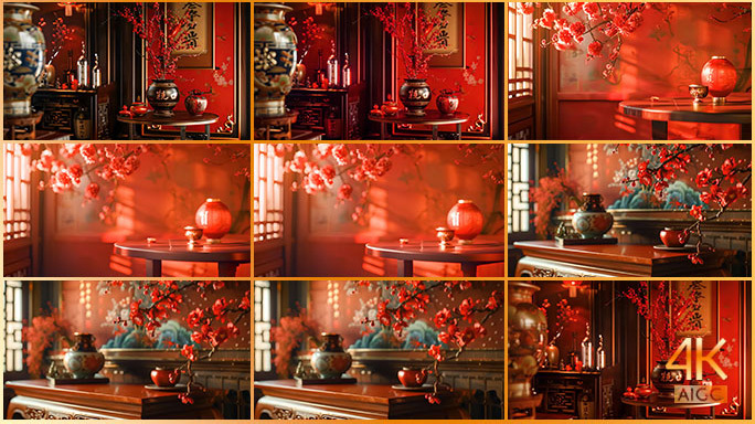 传统中式古风氛围 中国古代朱红色室内场景
