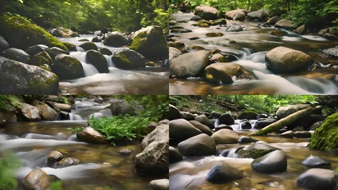 原始森林的小溪与石头：大自然的宁静美景