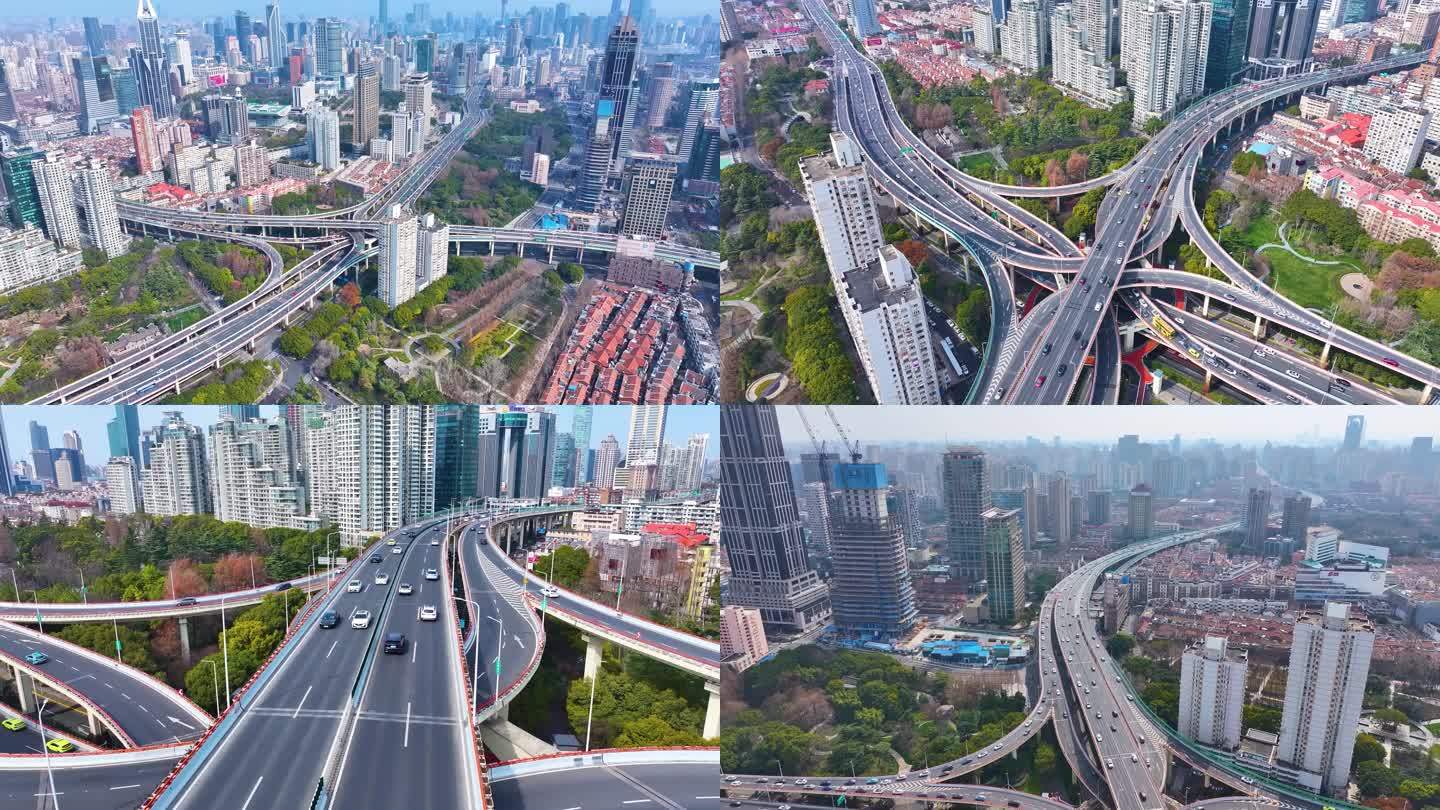 延安东路立交桥车流航拍延时上海城市交通高