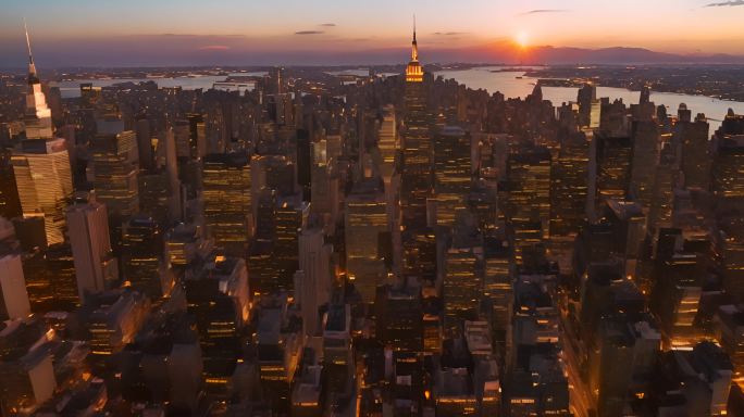 曼哈顿中城纽约市航拍无人机日落