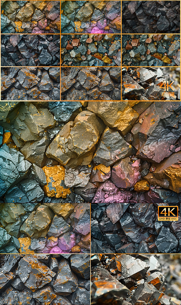各种色彩的矿石 宝石铁铜萤石稀土矿产资源