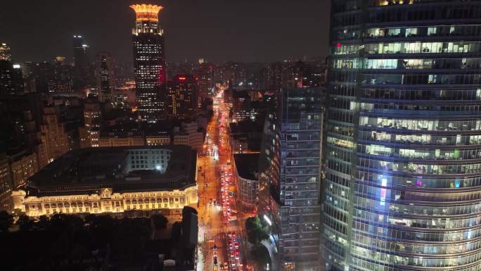 上海夜景航拍外滩南京东路黄浦区虹口区浦东