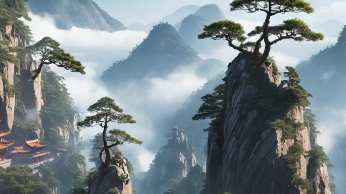 8K超宽屏中国风意境水墨江湖山水舞台背景