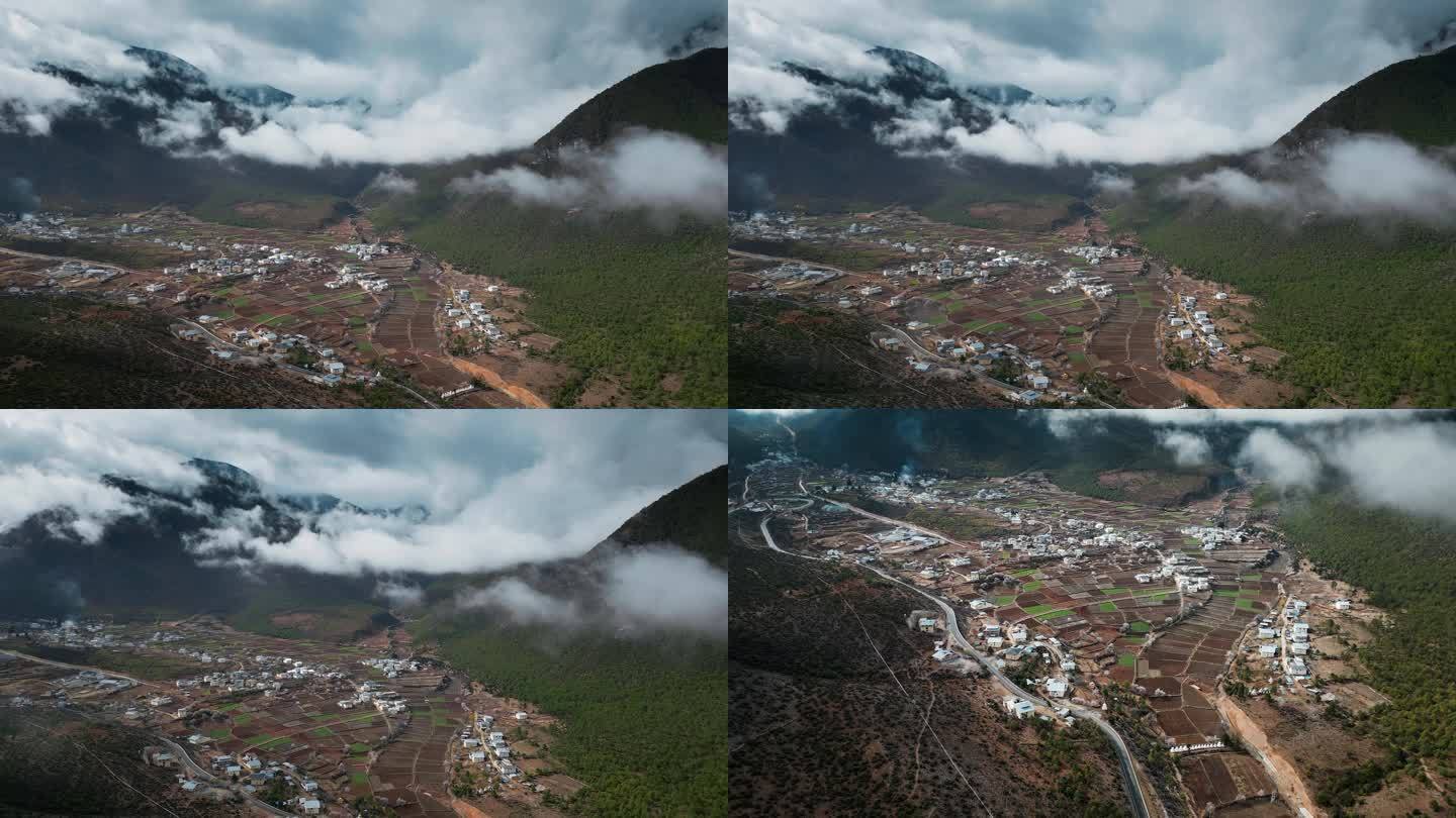 云南香格里拉尼西藏族村庄田野云海云雾