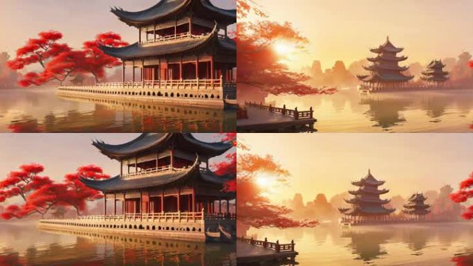 8K超宽屏中国风建筑江湖意境插画舞台背景