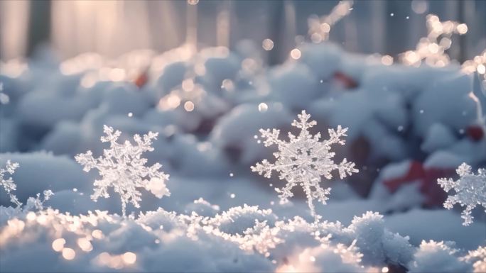 冬天雪花雪景下雪天冰晶雪花特写空镜头唯美