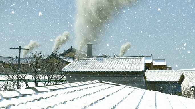 大雪纷飞的天气屋顶升起炊烟