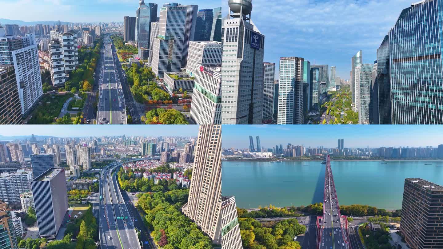 杭州秋石高架路航拍上城区高楼大厦车流交通