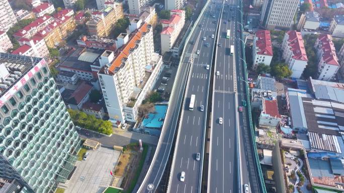 上海杨浦区邯郸路航拍车流马路道路大柏树立