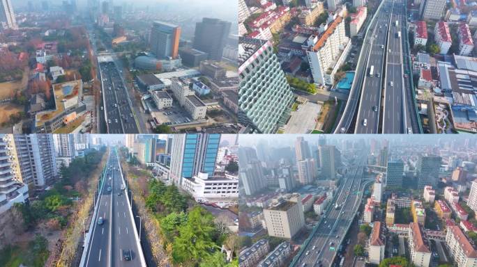 上海杨浦区邯郸路航拍车流马路道路大柏树立