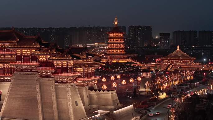 航拍洛阳应天门夜景