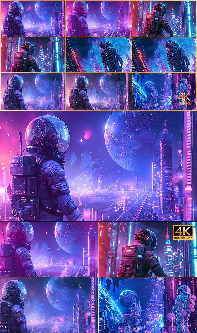 未来城市宇航员 赛博朋克科幻都市太空人