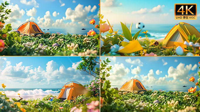 唯美海滩露营卡通动画 海边户外帐篷营地