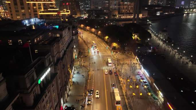 上海夜景航拍外滩南京东路黄浦区城市夜晚风