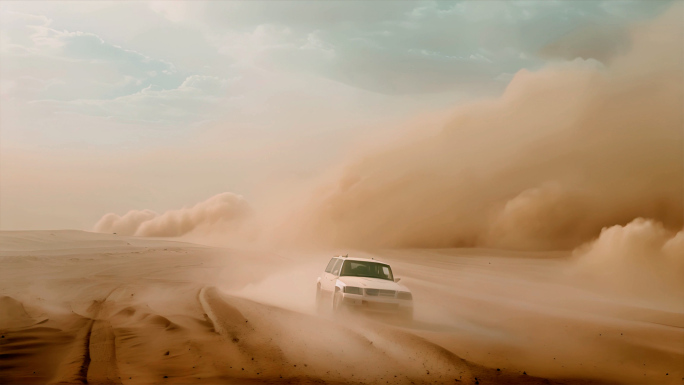 汽车穿越沙尘暴越野轿车穿越沙漠环境荒漠化