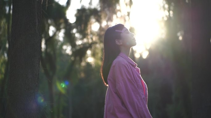 阳光下美女站在森林里感受自然的女孩抬头看