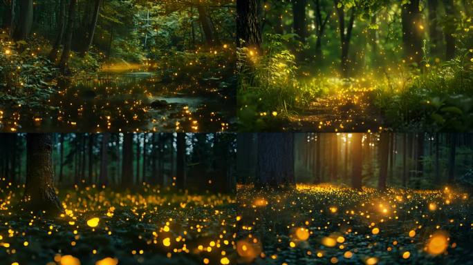 夏季树林里的萤火虫，梦幻童话森林