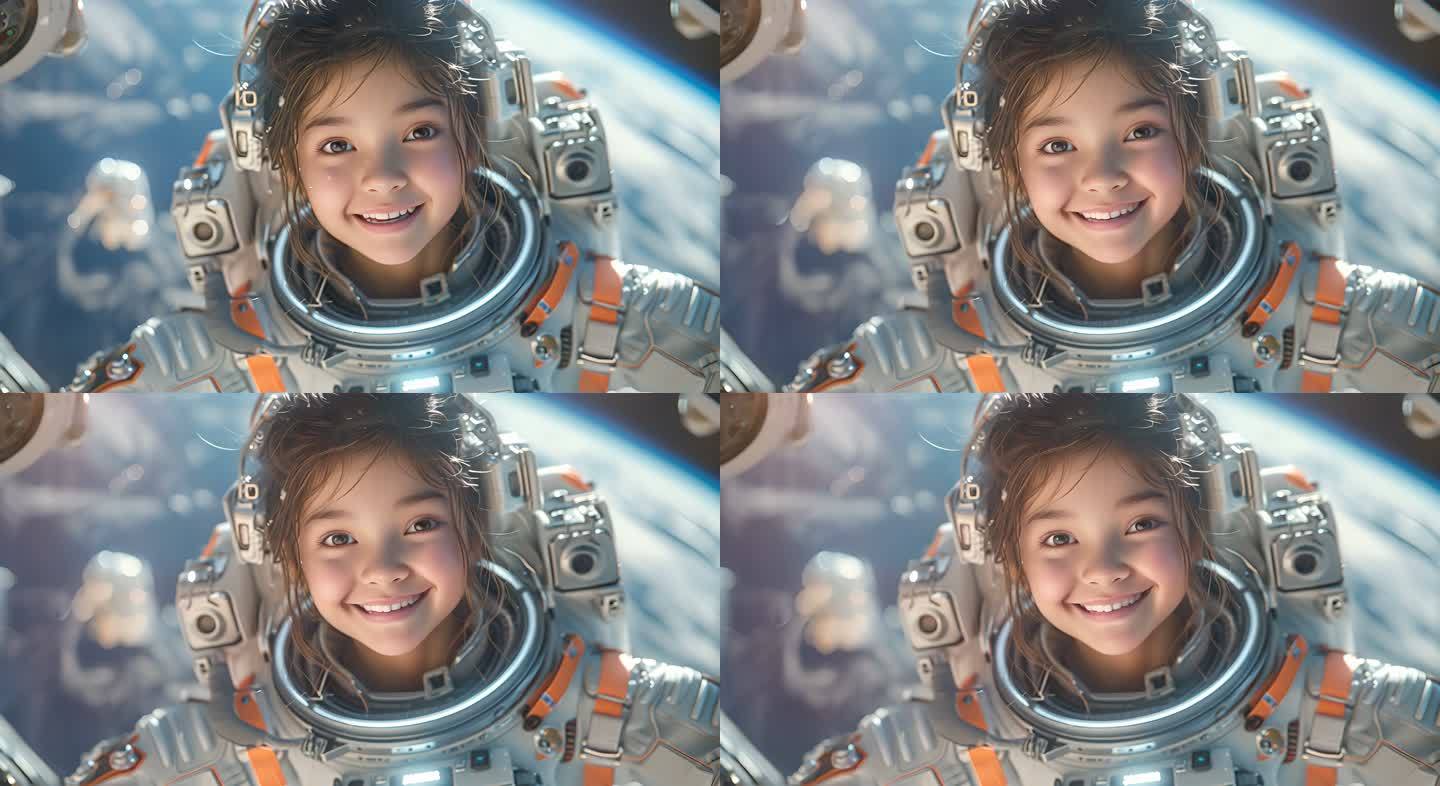小女孩太空服飞行 太空 宇航 地球 月球