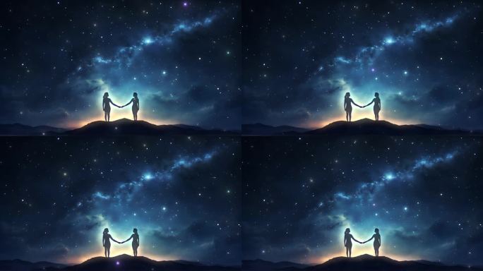 4K唯美梦幻两个女人牵手星夜星空繁星背景