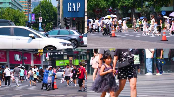 城市夏天暑假酷暑高温炎热街道人群人流汽车