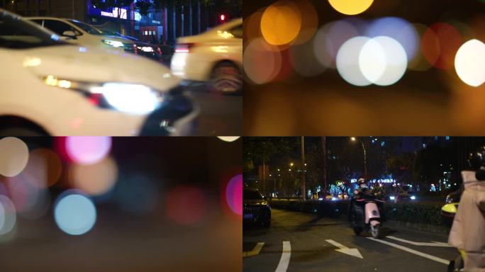 夜晚城市街头汽车车流人流夜景光斑视频素材